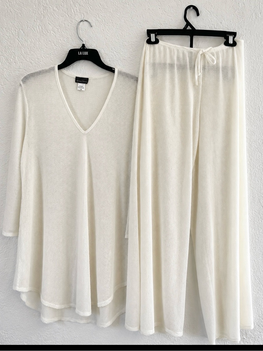 Lightweight Cream Knit Pajama Set - V-Neck Top & Drawstring Pants